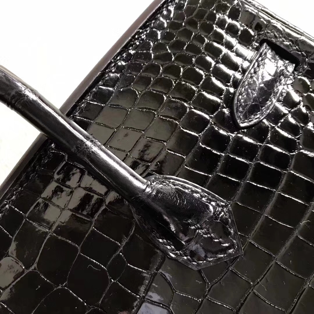 Noble Hermes Shiny Crocodile Leather Birkin25CM Tote Bag in Black Silver Hardware