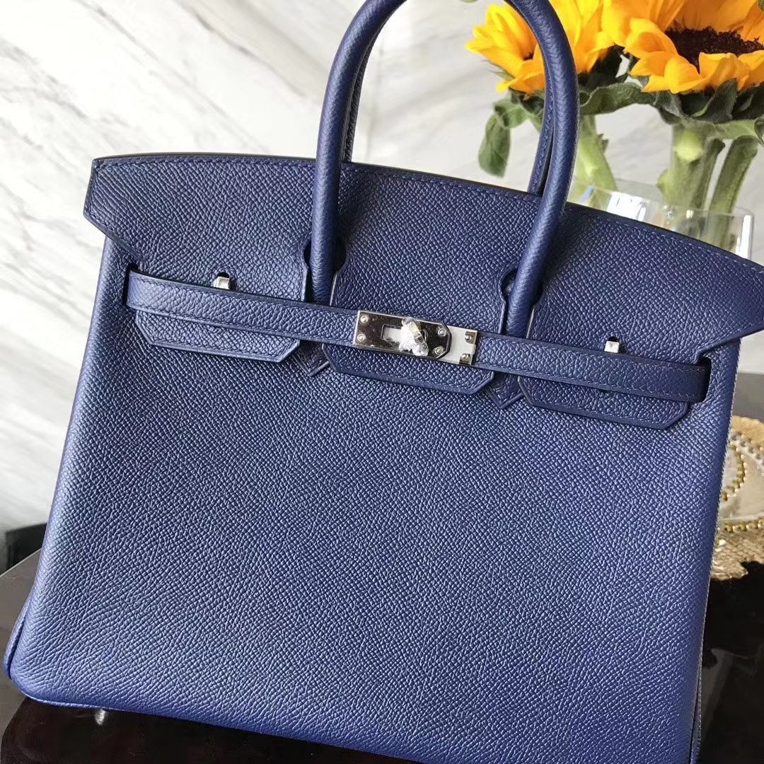 Sale Hermes Epsom Calf Leather Birkin25CM Bag in 73 Blue Saphir Silver Hardware
