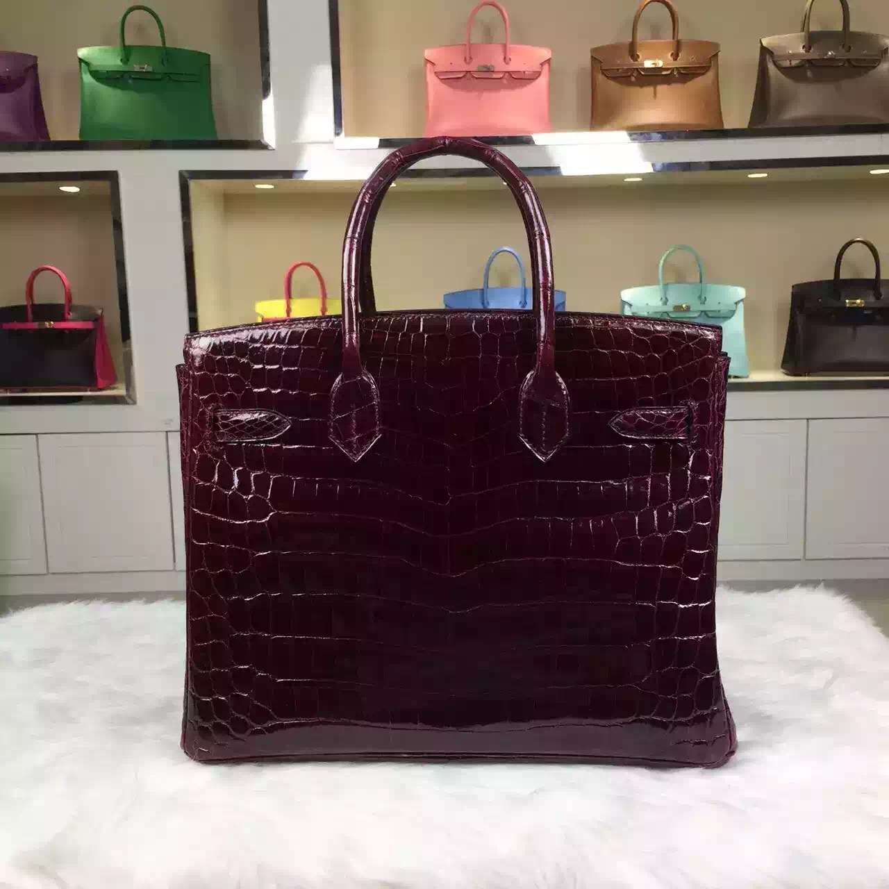 High Quality Hermes Crocodile Shiny Skin Bordeaux Red Birkin Bag 30cm Gold Hardware