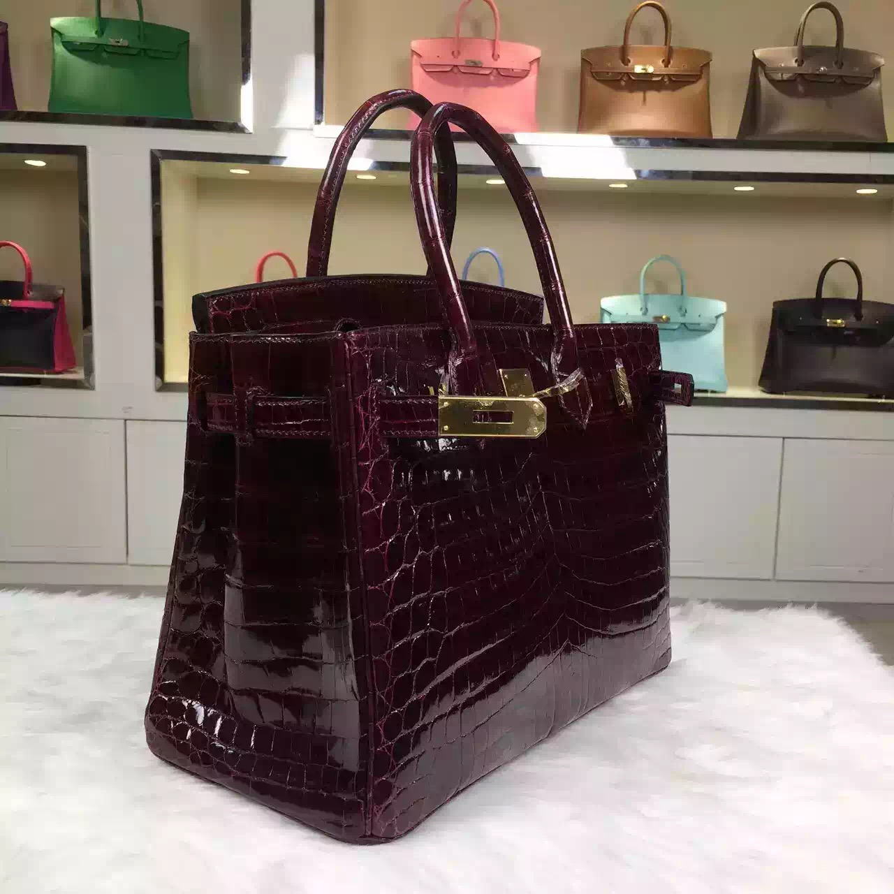 High Quality Hermes Crocodile Shiny Skin Bordeaux Red Birkin Bag 30cm Gold Hardware