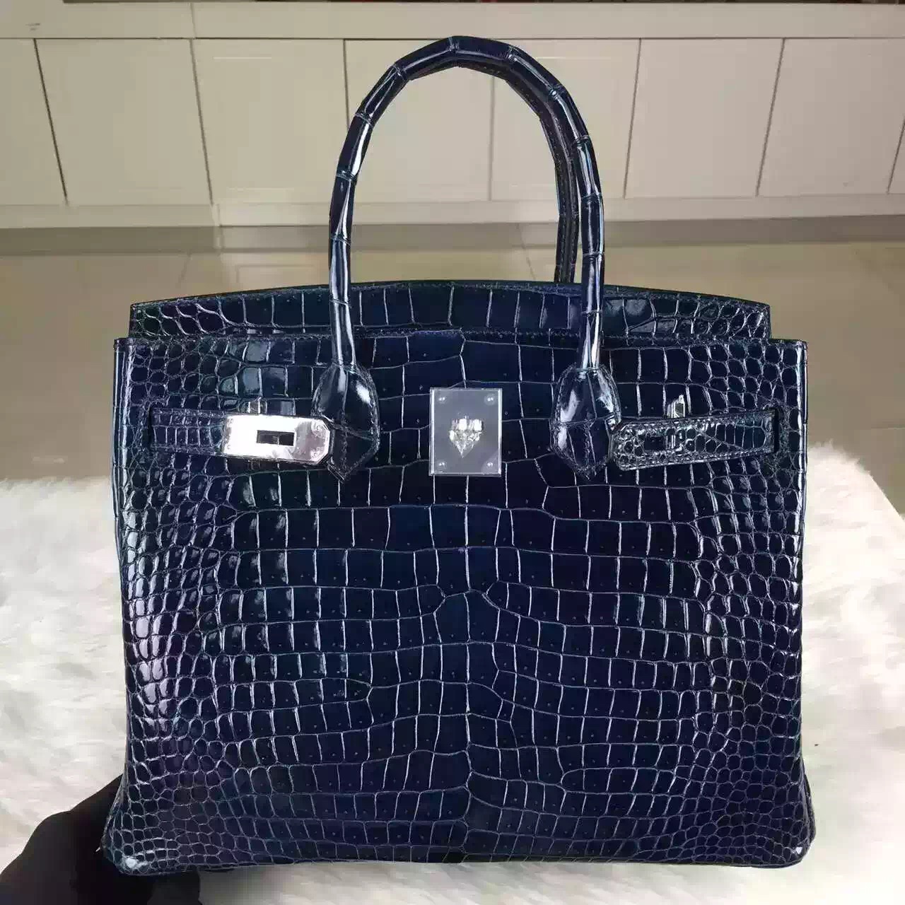 Wholesale Hermes Jean Blue France Crocodile Shiny Leather Birkin 30CM Tote Bag