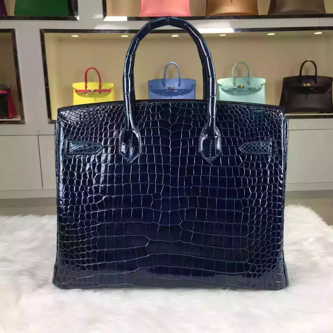 Wholesale Hermes Jean Blue France Crocodile Shiny Leather Birkin 30CM Tote Bag