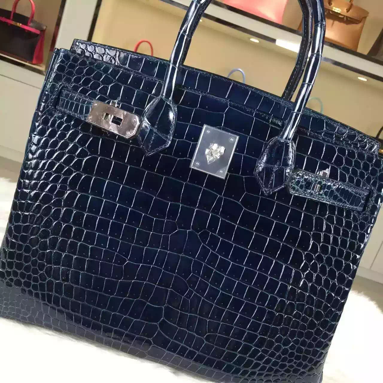 Wholesale Hermes Jean Blue France Crocodile Shiny Leather Birkin 30CM Tote Bag