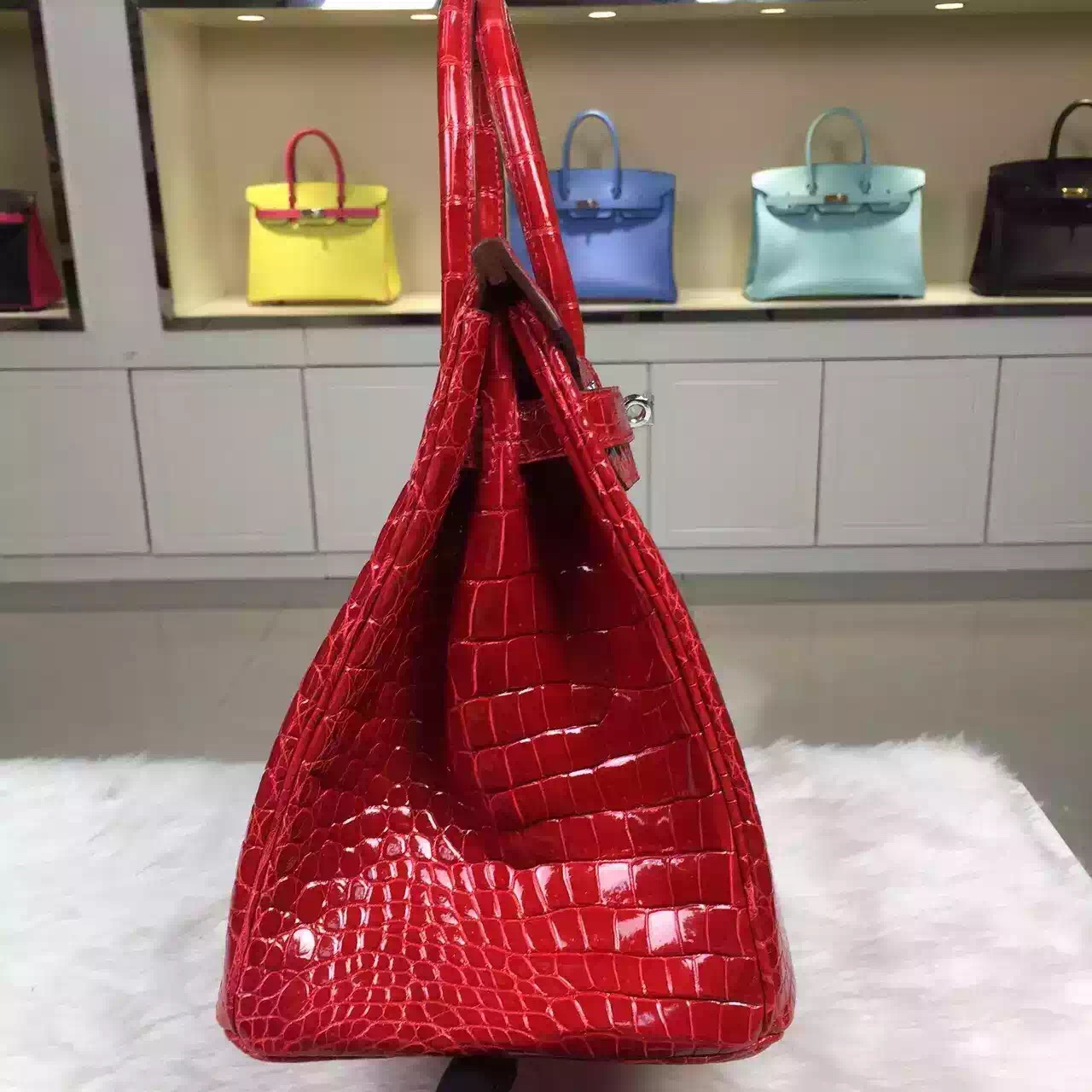 Hand Stitching Hermes Ferrari Red HCP Crocodile Shiny Skin Birkin Bag 30cm Silver Hardware