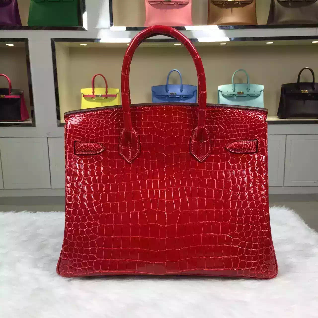Hand Stitching Hermes Ferrari Red HCP Crocodile Shiny Skin Birkin Bag 30cm Silver Hardware