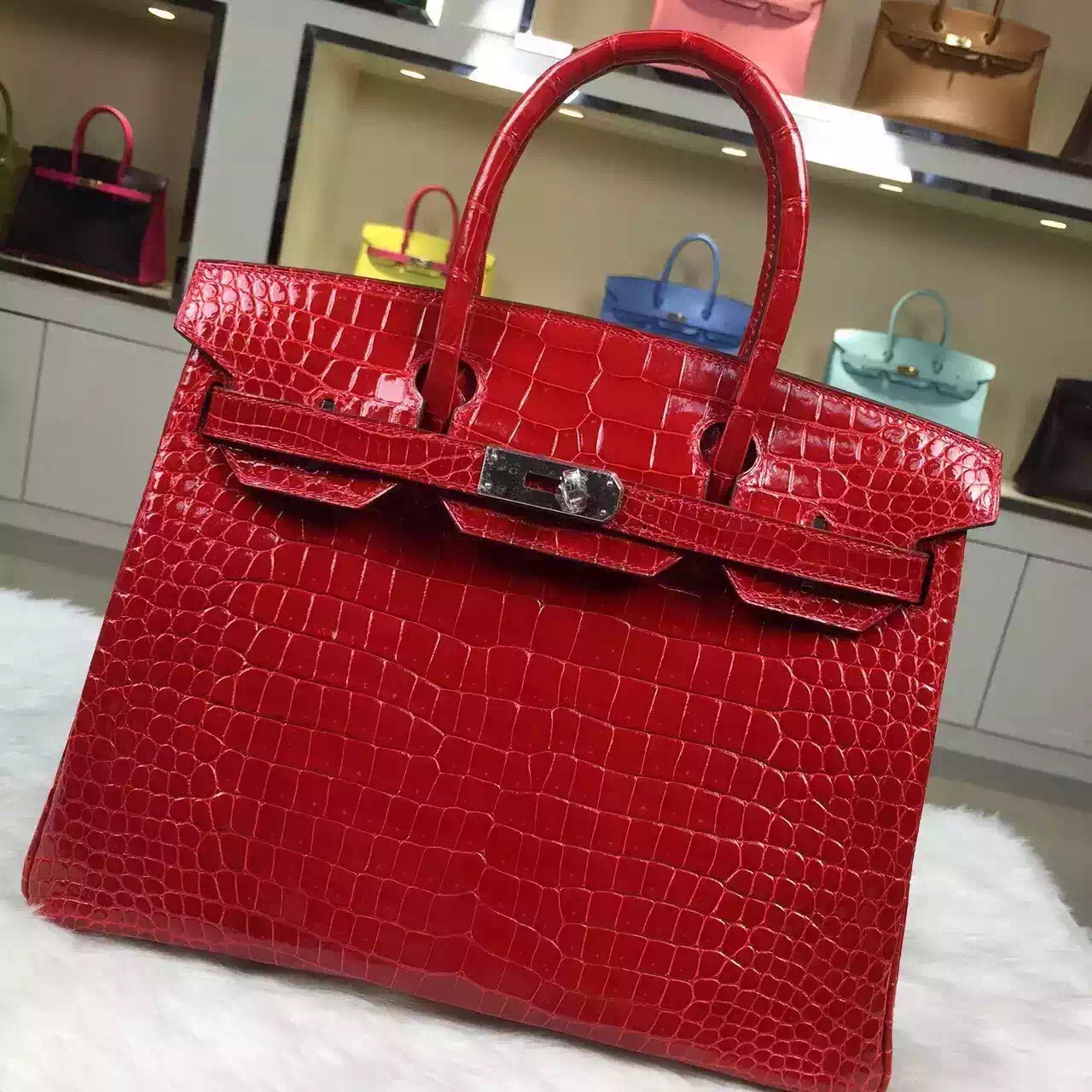 Hand Stitching Hermes Ferrari Red HCP Crocodile Shiny Skin Birkin Bag 30cm Silver Hardware