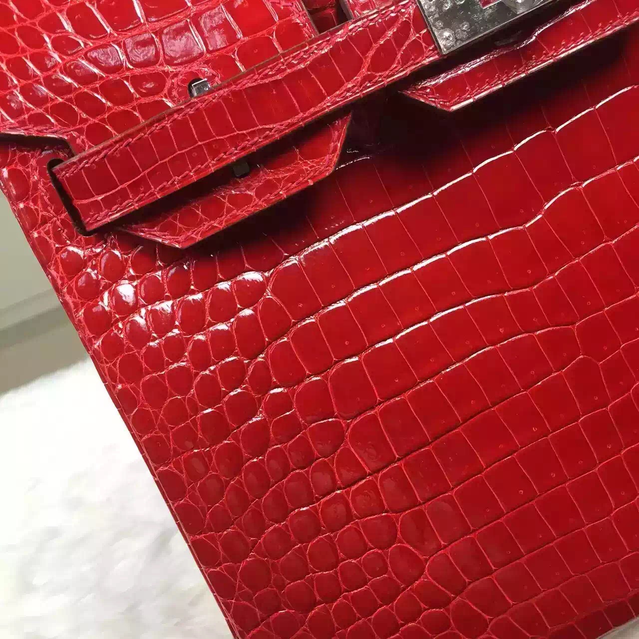 Hand Stitching Hermes Ferrari Red HCP Crocodile Shiny Skin Birkin Bag 30cm Silver Hardware