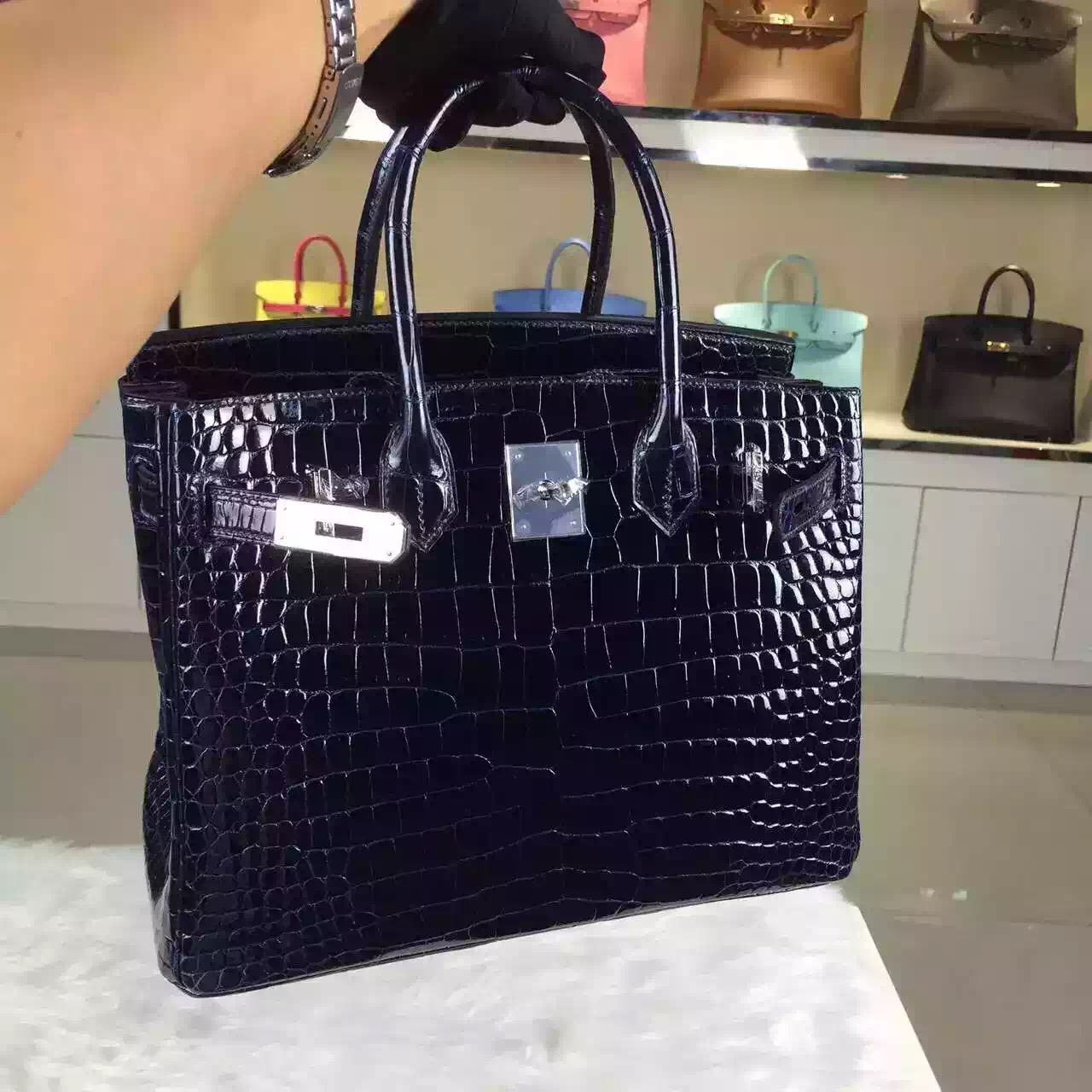 Vip Customized Hermes France Original Crocodile Shiny Skin Birkin Bag 30cm Blue Saphir