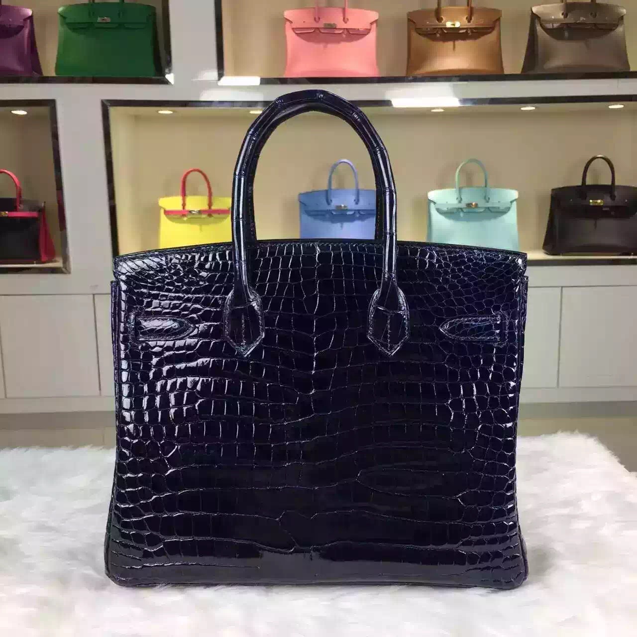 Vip Customized Hermes France Original Crocodile Shiny Skin Birkin Bag 30cm Blue Saphir