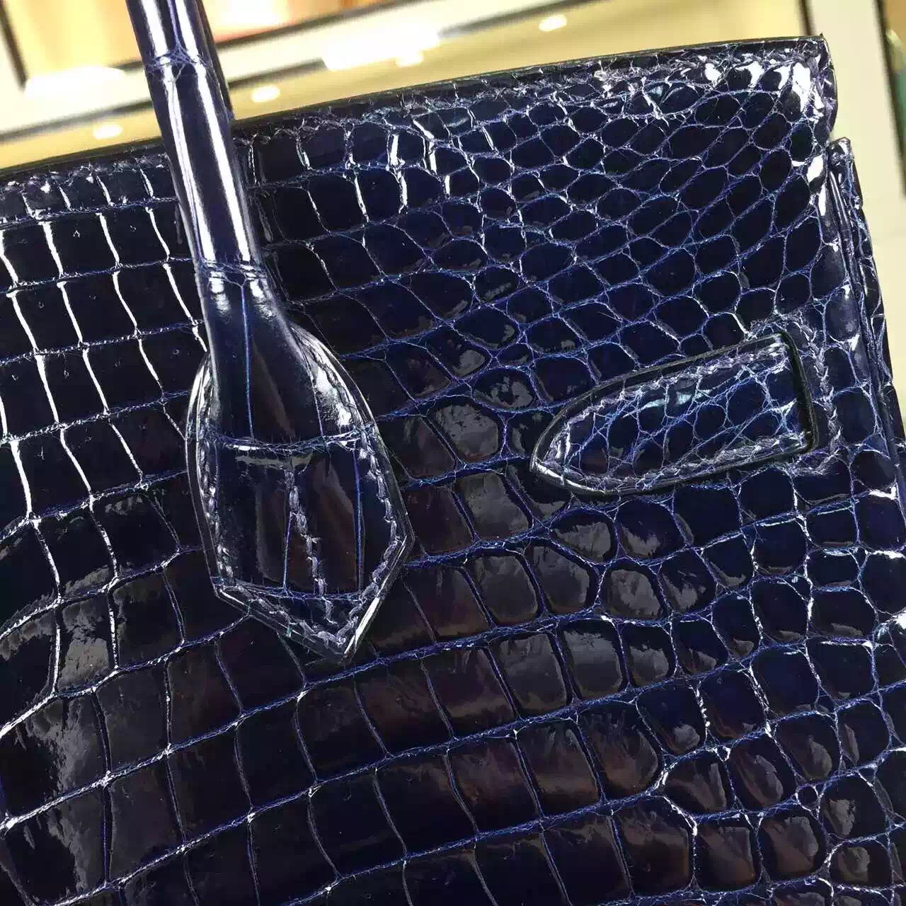 Vip Customized Hermes France Original Crocodile Shiny Skin Birkin Bag 30cm Blue Saphir