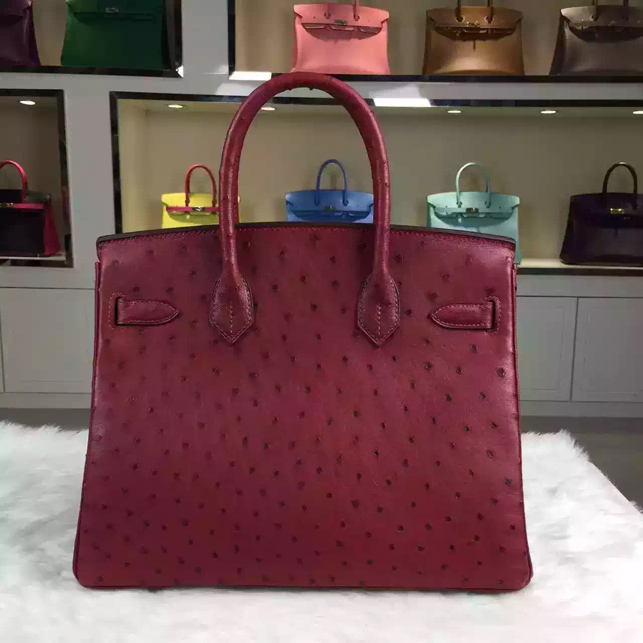 Hand Stitching Hermes France Ostrich Leather Hermes Red Birkin30CM Women&#8217;s Handbag