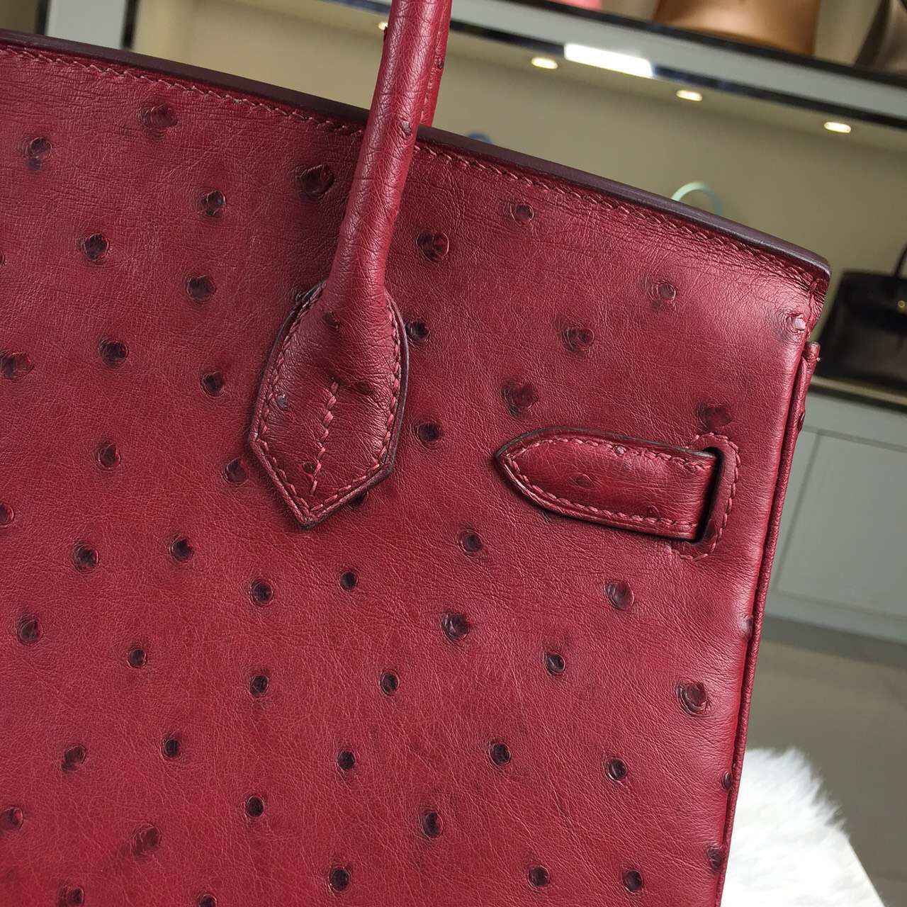 Hand Stitching Hermes France Ostrich Leather Hermes Red Birkin30CM Women&#8217;s Handbag