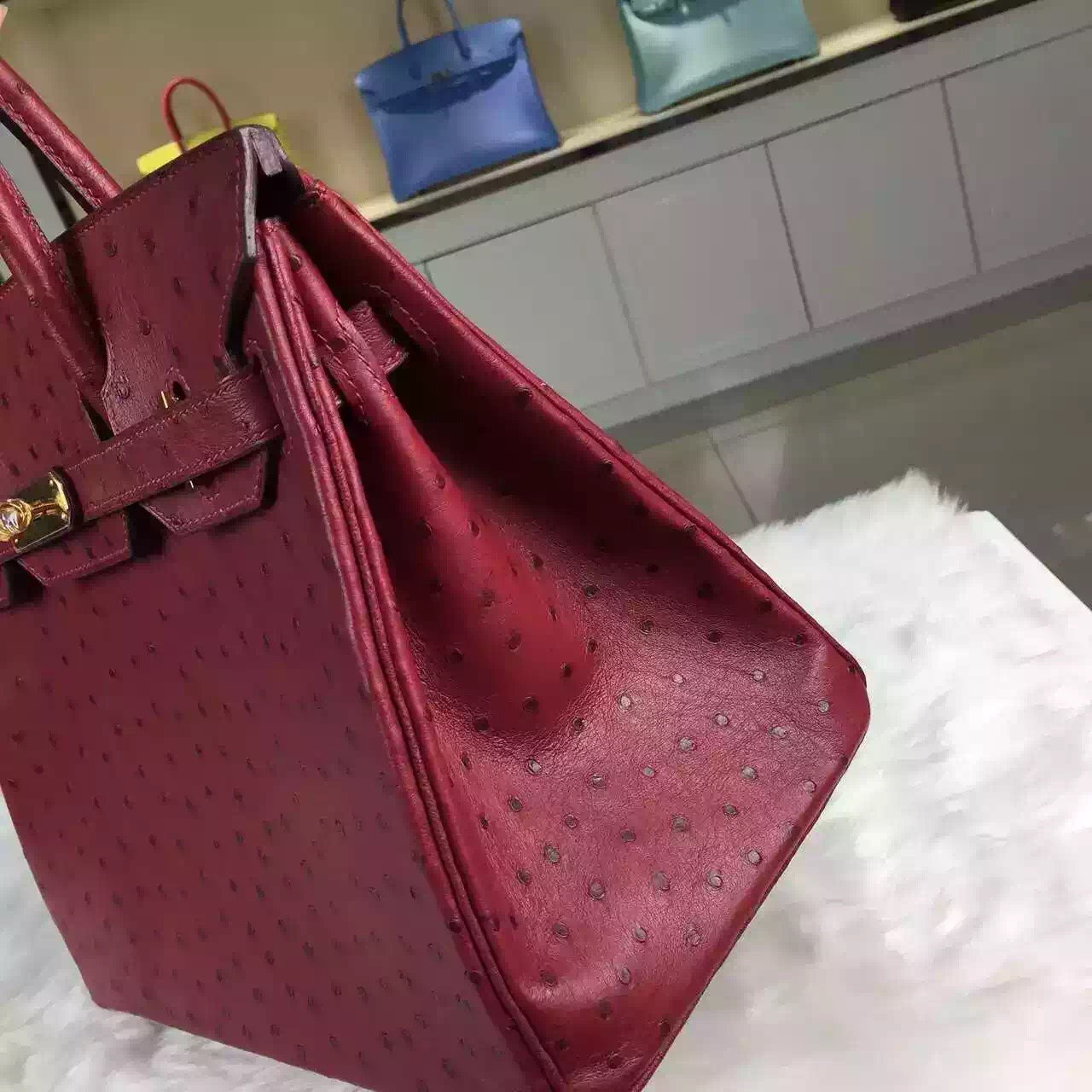 Hand Stitching Hermes France Ostrich Leather Hermes Red Birkin30CM Women’s Handbag