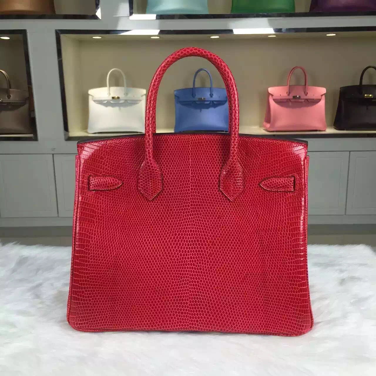 Hand Stitching Hermes Birkin Bag 30cm France Original Lizard Skin in Red