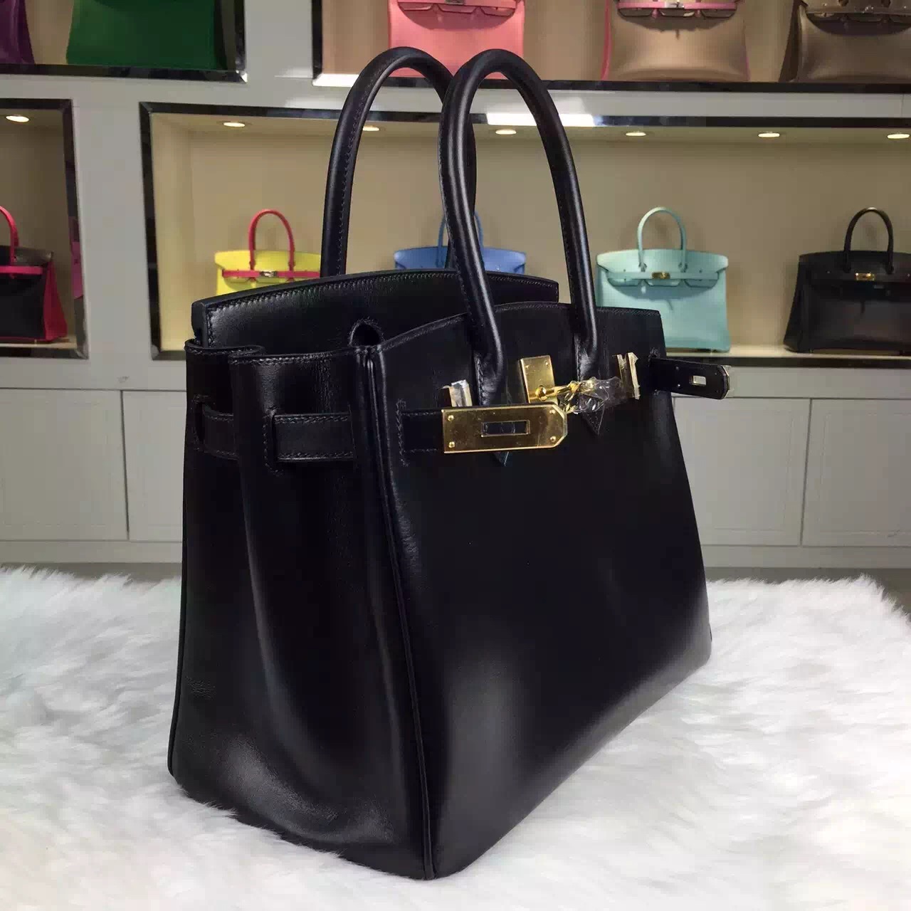High Quality Hermes Black France Box Calf Leather Birkin Bag 30cm Gold Hardware