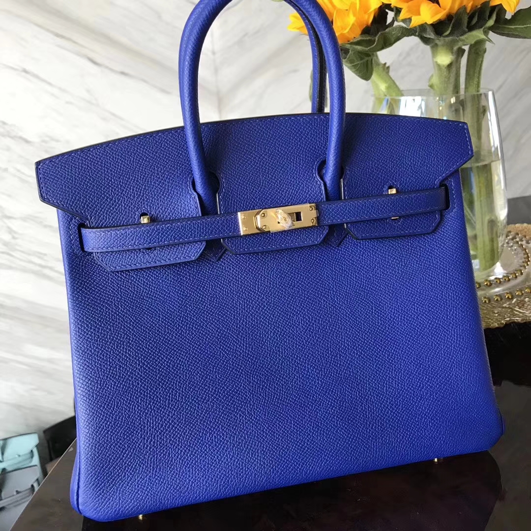 Hot Sale Hermes Epsom Calf Birkin Bag25CM in 7T Blue Electric Gold Hardware