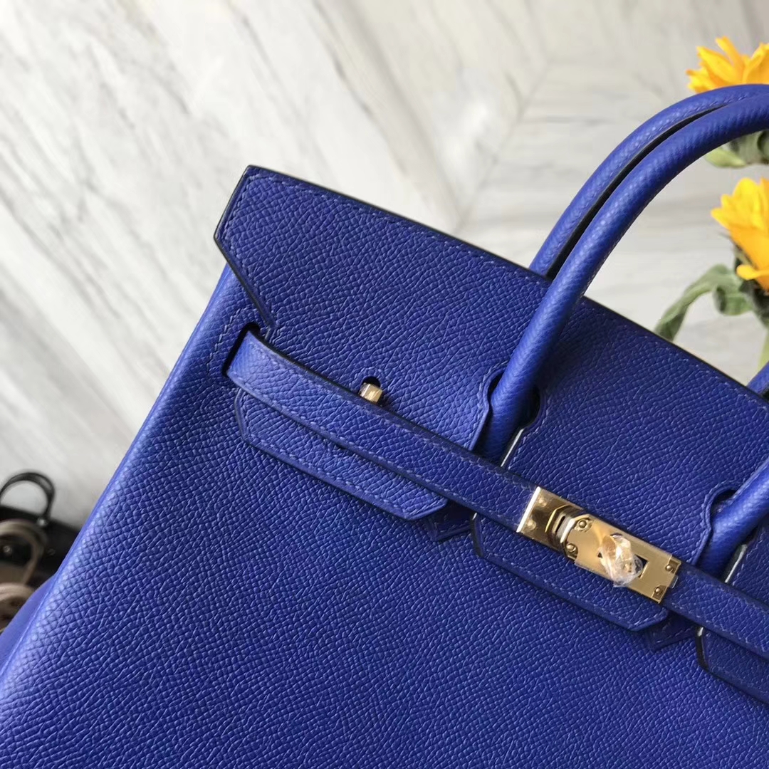 Hot Sale Hermes Epsom Calf Birkin Bag25CM in 7T Blue Electric Gold Hardware