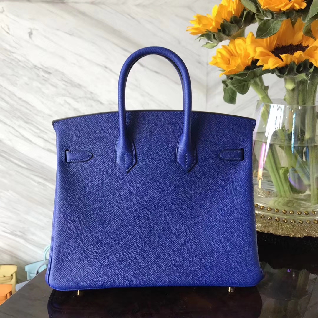Hot Sale Hermes Epsom Calf Birkin Bag25CM in 7T Blue Electric Gold Hardware
