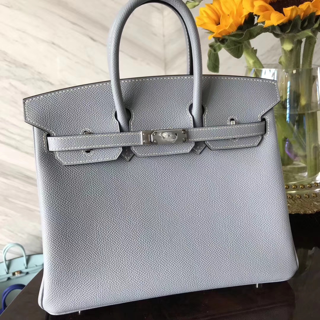 Fashion Hermes Epsom Calf Leather Birkin25CM Bag in J7 Blue Lin Silver Hardware