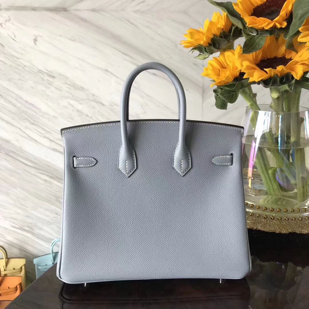 Fashion Hermes Epsom Calf Leather Birkin25CM Bag in J7 Blue Lin Silver Hardware