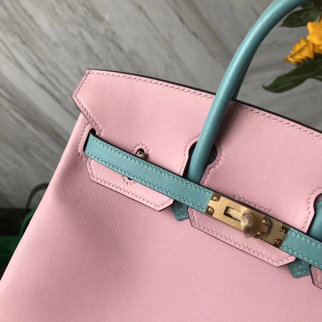 New Hermes 3Q Barbie Pink/3P Blue Attol Swift Calf Birkin25CM Bag Gold Hardware