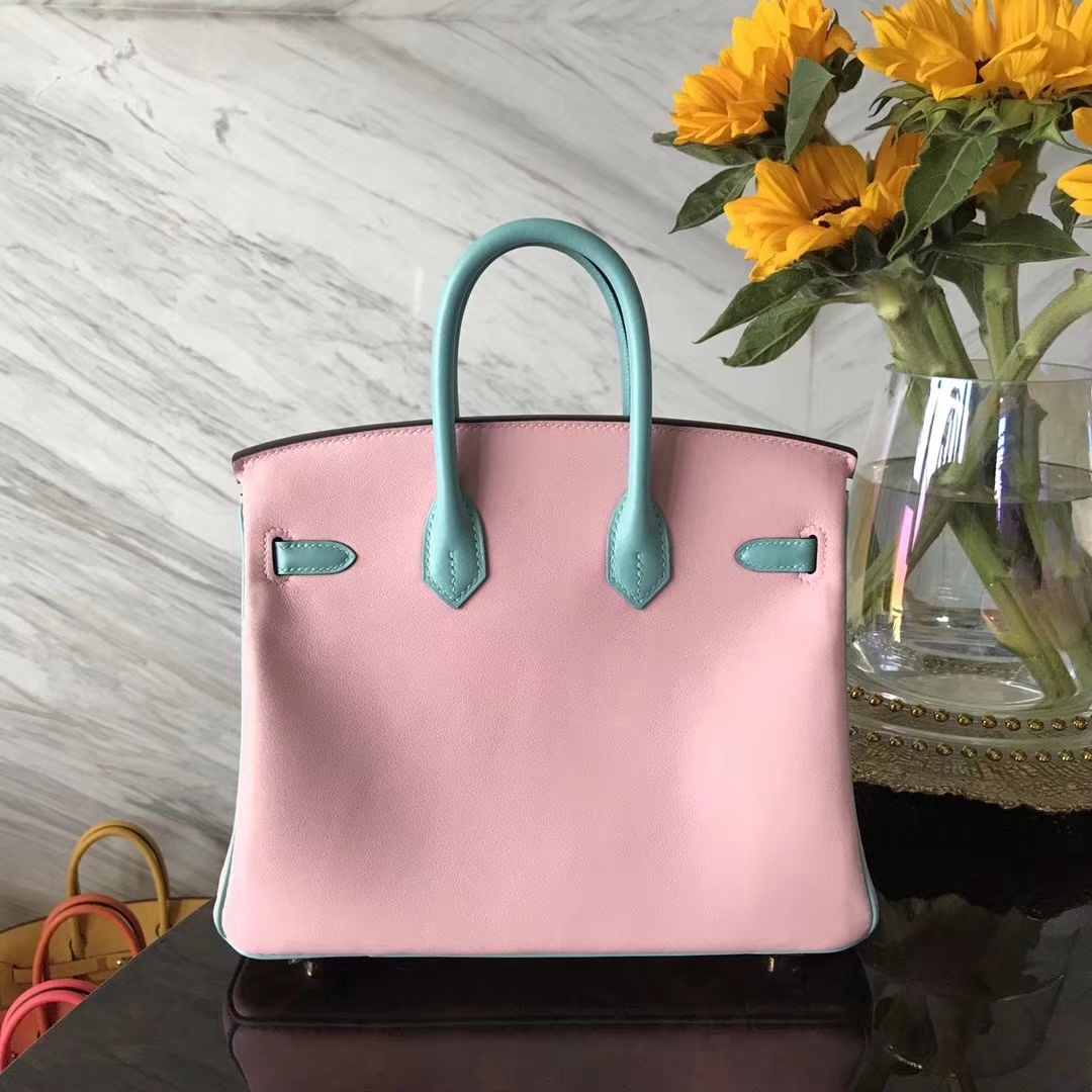 New Hermes 3Q Barbie Pink/3P Blue Attol Swift Calf Birkin25CM Bag Gold Hardware