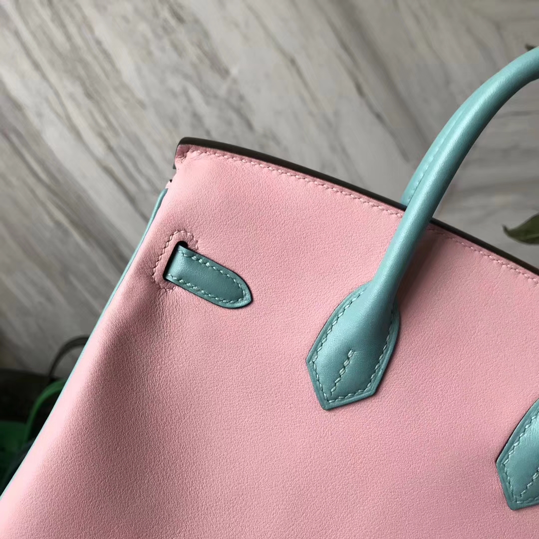 New Hermes 3Q Barbie Pink/3P Blue Attol Swift Calf Birkin25CM Bag Gold Hardware