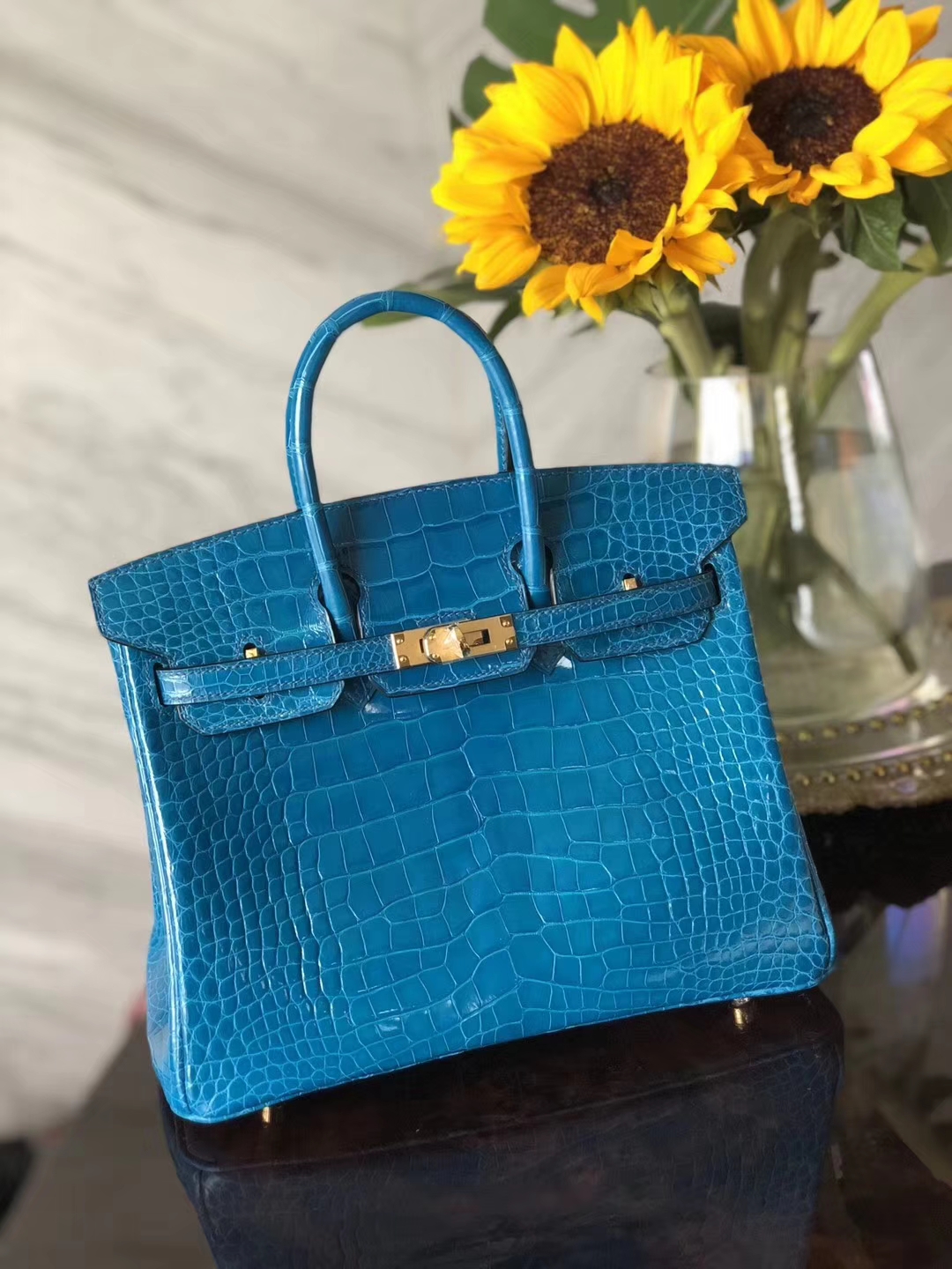 Noble Hermes 7W Blue Izmir Alligator Shiny Crocodile Birkin25CM Bag Gold Hardware