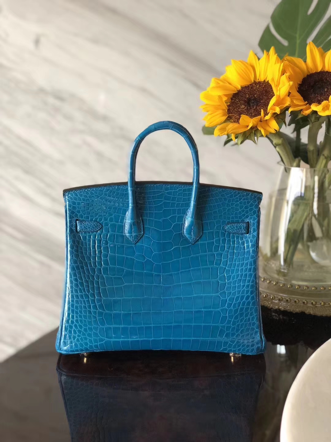 Noble Hermes 7W Blue Izmir Alligator Shiny Crocodile Birkin25CM Bag Gold Hardware
