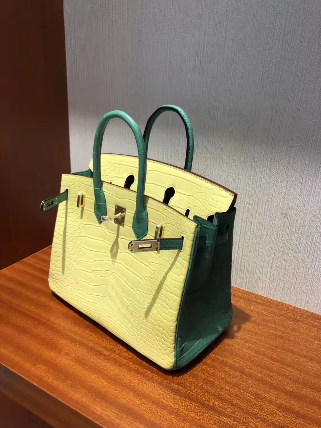 Hermes Mimosa Yellow &#038; Bamboo Green Alligator Matt Crocodile Birkin25CM Bag