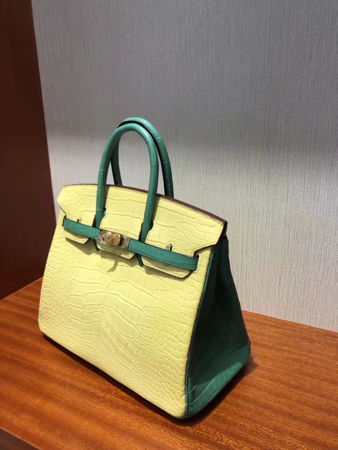 Hermes Mimosa Yellow &#038; Bamboo Green Alligator Matt Crocodile Birkin25CM Bag