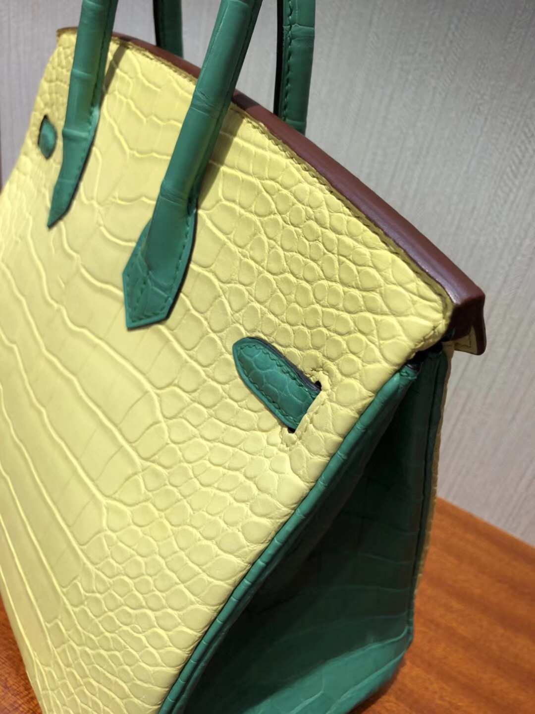 Hermes Mimosa Yellow & Bamboo Green Alligator Matt Crocodile Birkin25CM Bag
