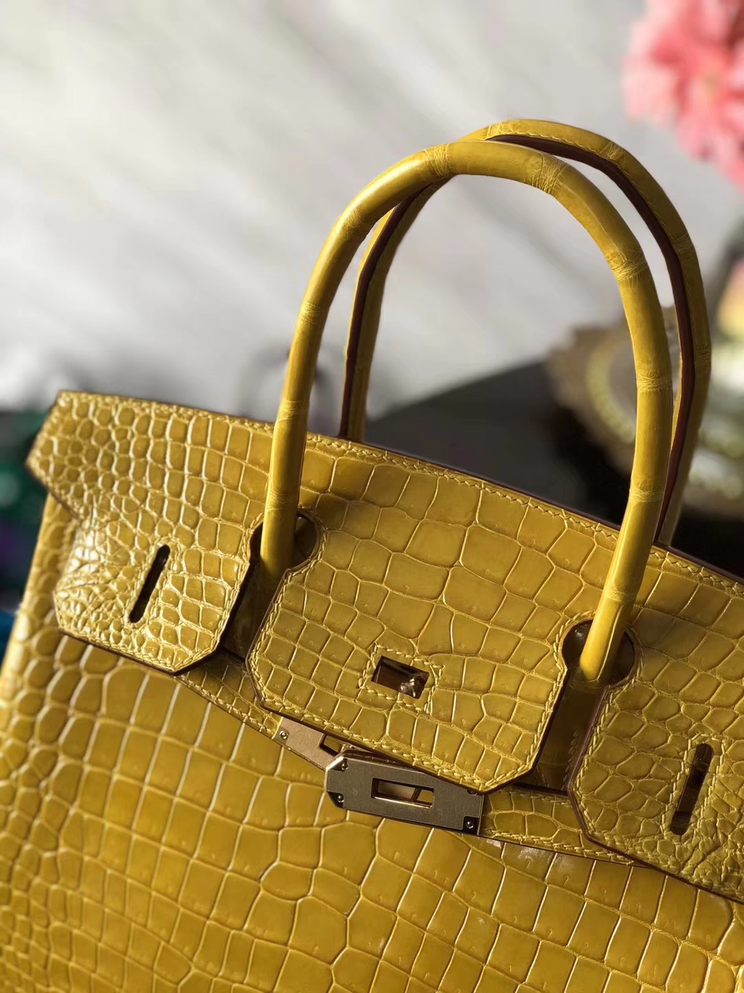Luxury Hermes 9D Amber Yellow Shiny Crocodile Birkin Bag25CM Gold Hardware