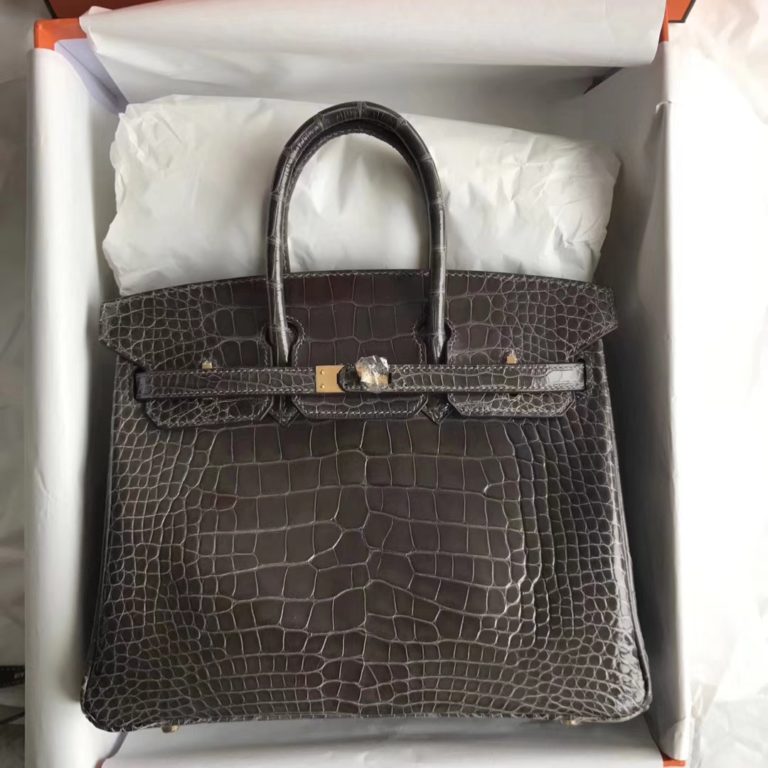 Hermes Shiny Crocodile Leather Birkin Bag 25CM in 8P Penceil Grey Gold Hardware
