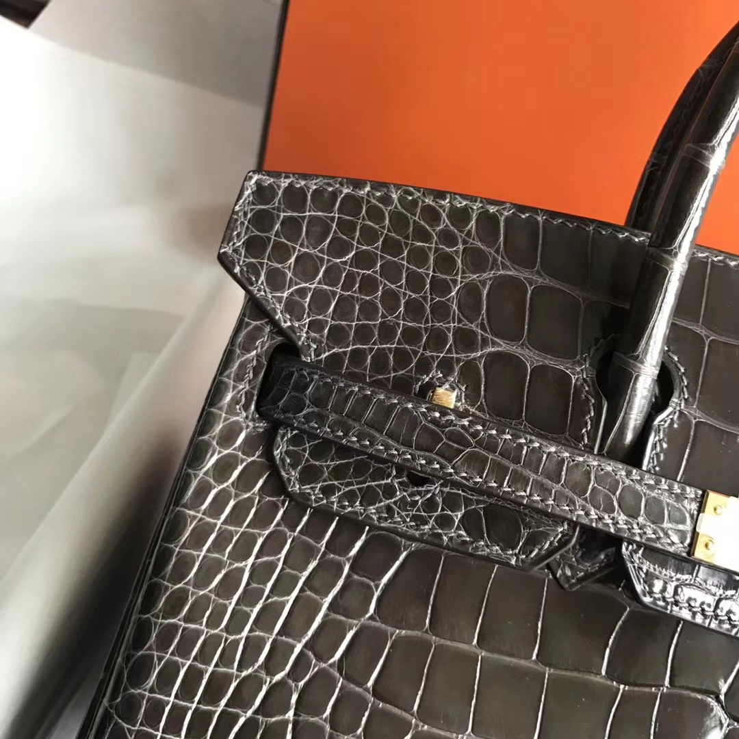 Luxury Hermes Shiny Crocodile Leather Birkin Bag25CM in 8P Penceil Grey Gold Hardware