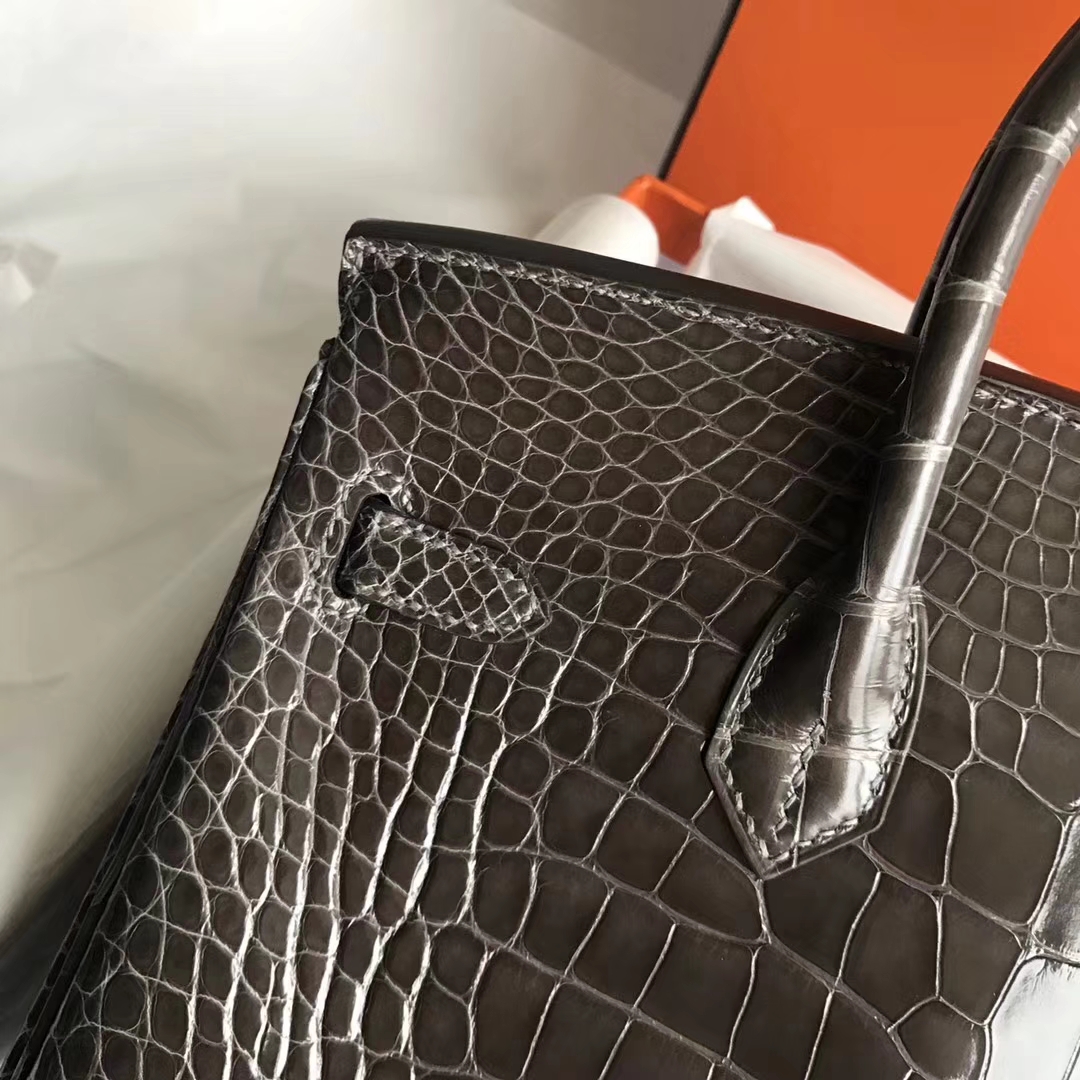 Luxury Hermes Shiny Crocodile Leather Birkin Bag25CM in 8P Penceil Grey Gold Hardware