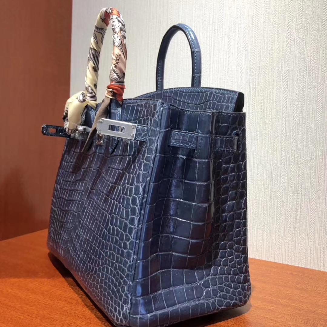 Discount Hermes Shiny Crocodile Leather Birkin25cm Bag in N7 Blue Tampete