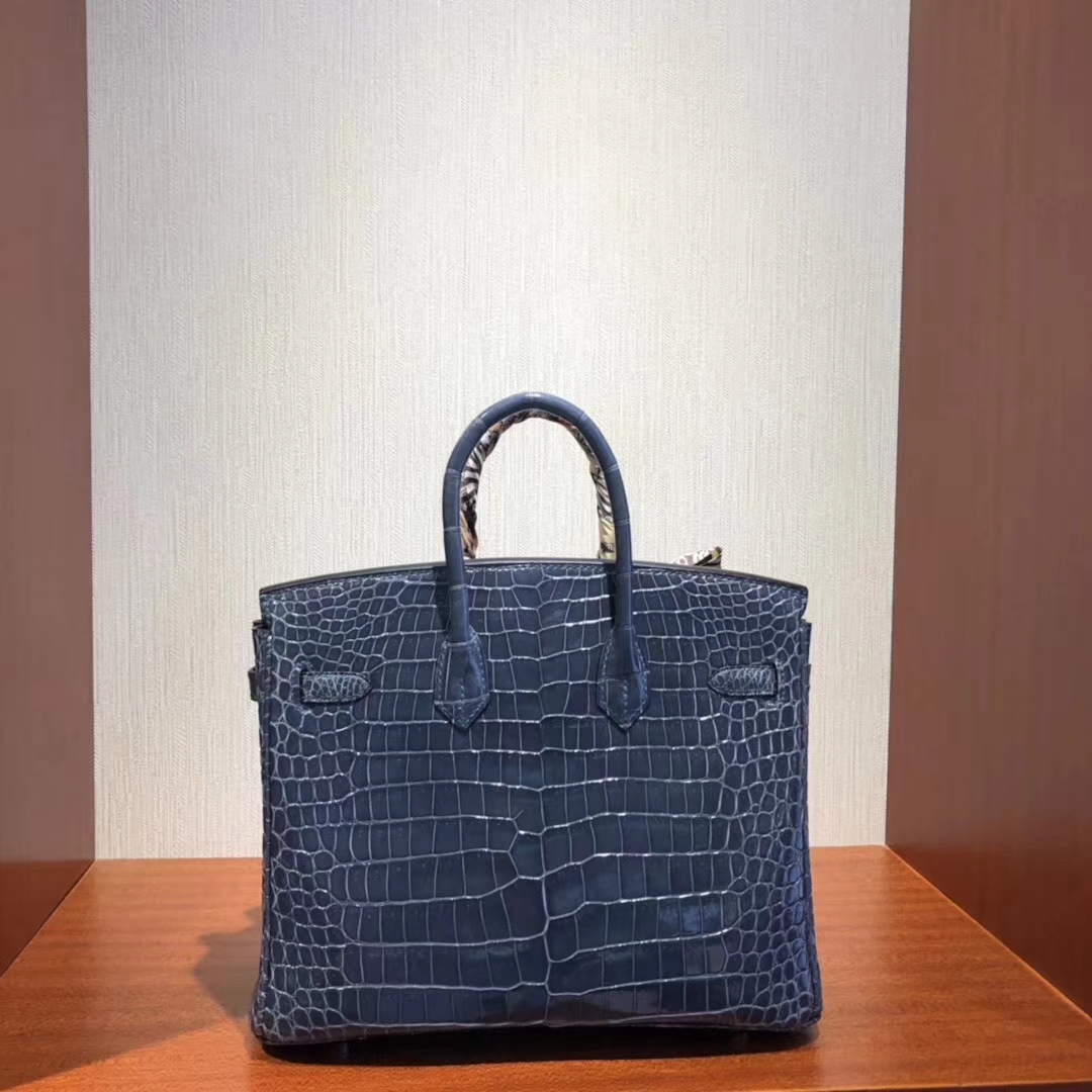 Discount Hermes Shiny Crocodile Leather Birkin25cm Bag in N7 Blue Tampete