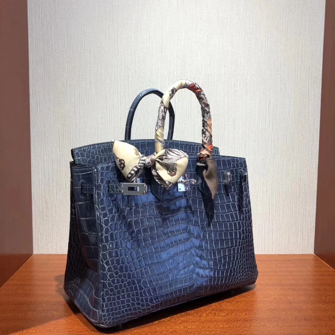 Discount Hermes Shiny Crocodile Leather Birkin25cm Bag in N7 Blue Tampete