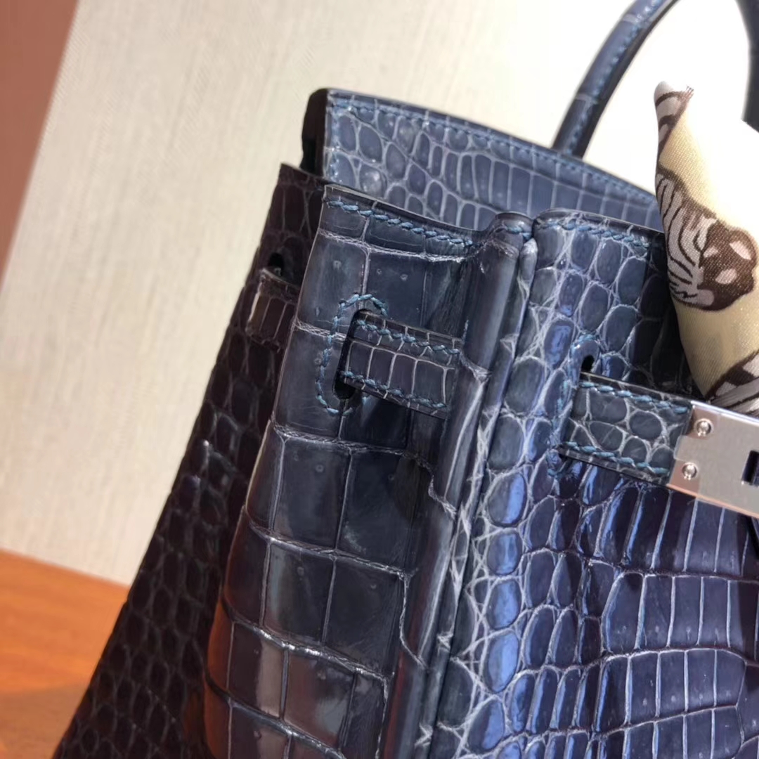 Discount Hermes Shiny Crocodile Leather Birkin25cm Bag in N7 Blue Tampete