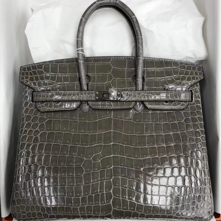 Hermes Shiny Crocodile Leather Birkin 25CM Bag in CK81 Gris Tourterelle