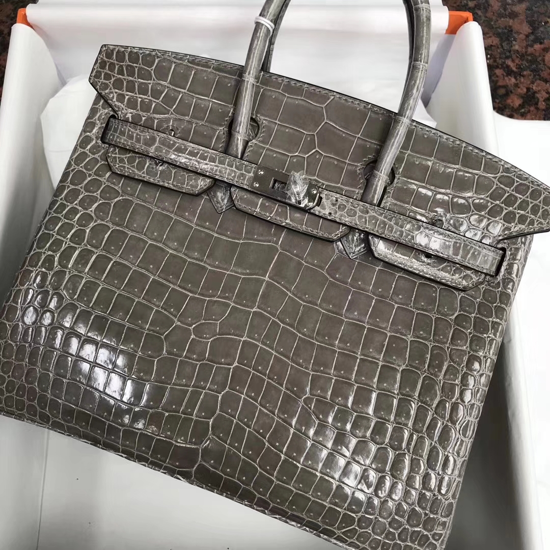 Luxury Hermes Shiny Crocodile Leather Birkin25CM Bag in CK81 Gris Tourterelle