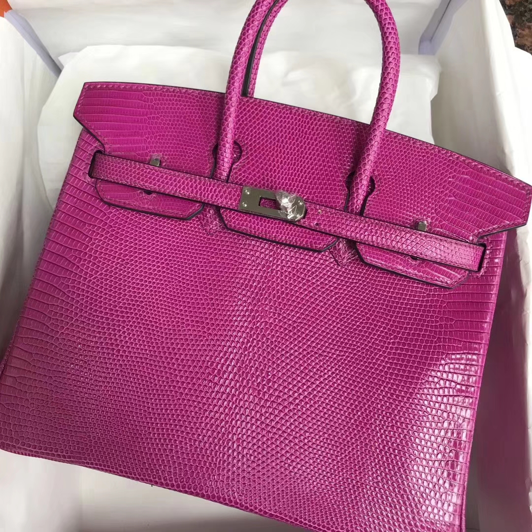 Luxury Hermes L3 Rose Purple Lizard Leather Birkin25CM Bag Silver Hardware