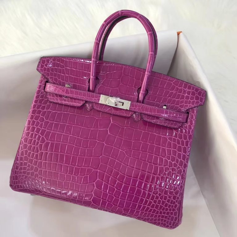 Hermes Shiny Crocodile Leather Birkin Bag 25CM in Rose Purple Silver Hardware