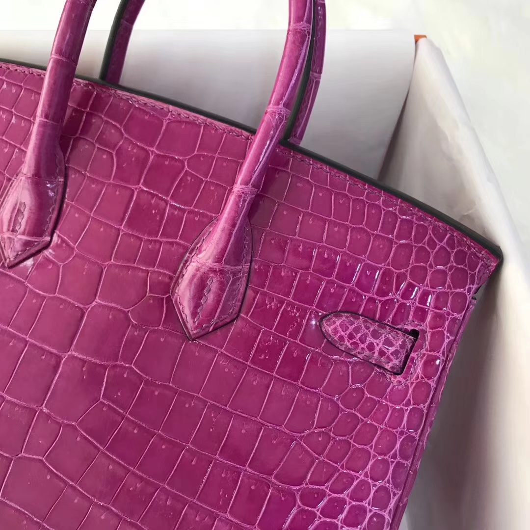 Noble Hermes Shiny Crocodile Leather Birkin Bag25CM in Rose Purple Silver Hardware