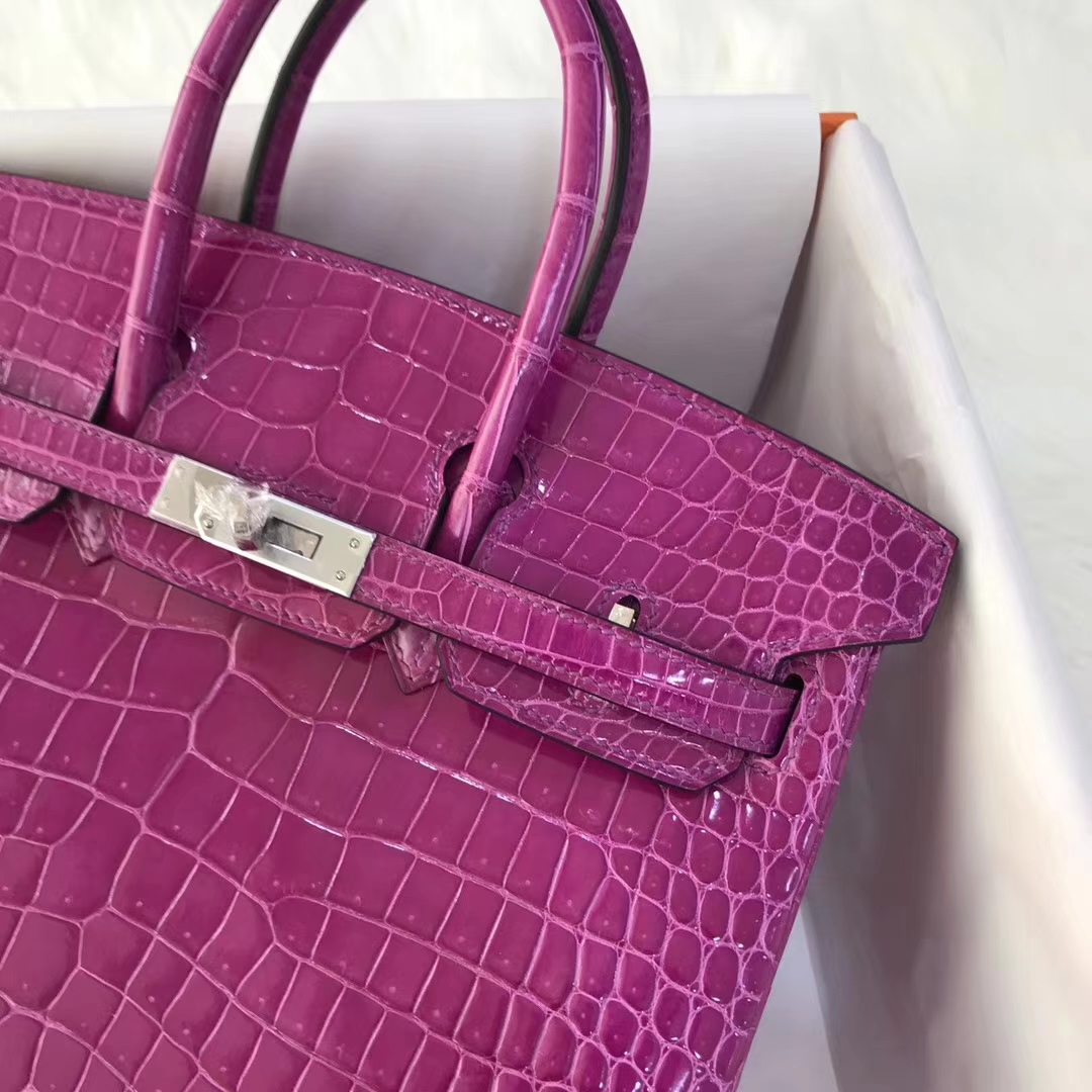 Noble Hermes Shiny Crocodile Leather Birkin Bag25CM in Rose Purple Silver Hardware