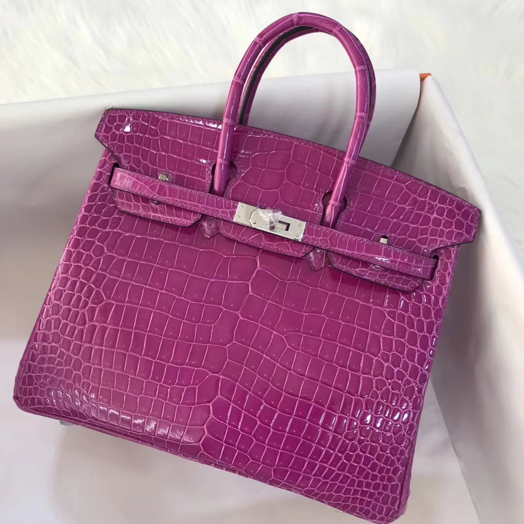 Noble Hermes Shiny Crocodile Leather Birkin Bag25CM in Rose Purple Silver Hardware