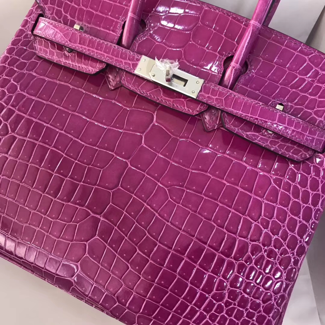 Noble Hermes Shiny Crocodile Leather Birkin Bag25CM in Rose Purple Silver Hardware