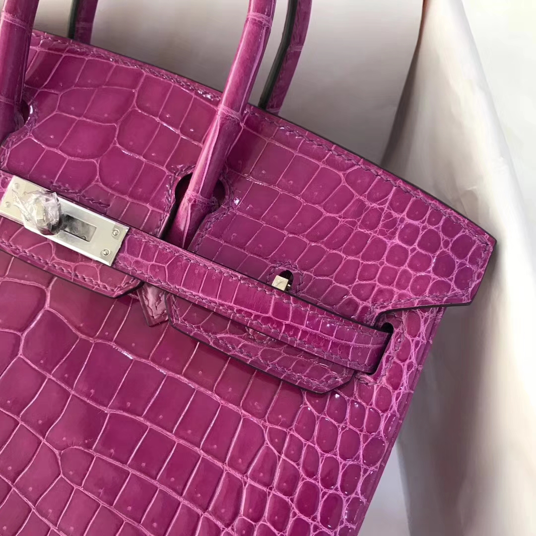Noble Hermes Shiny Crocodile Leather Birkin Bag25CM in Rose Purple Silver Hardware