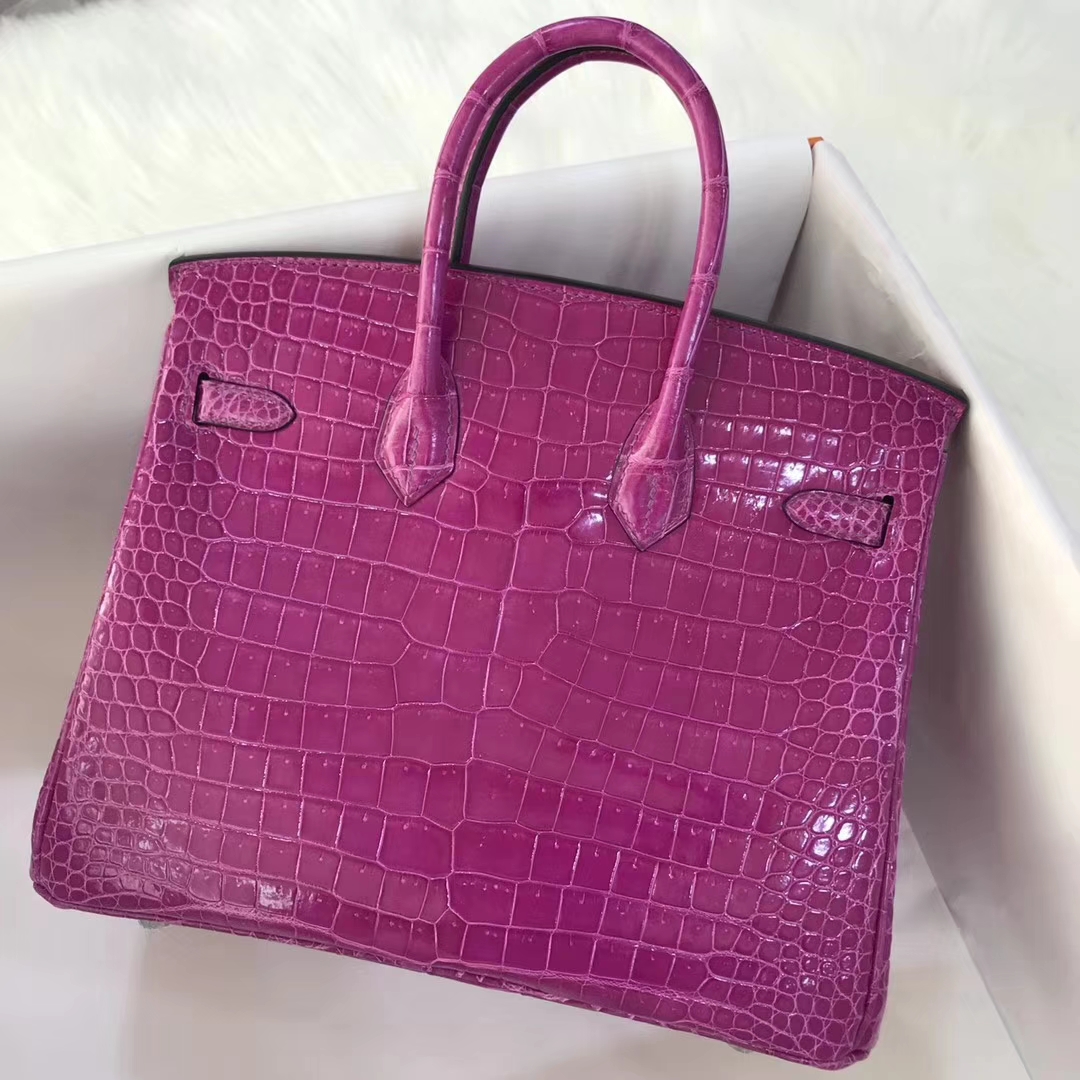 Noble Hermes Shiny Crocodile Leather Birkin Bag25CM in Rose Purple Silver Hardware
